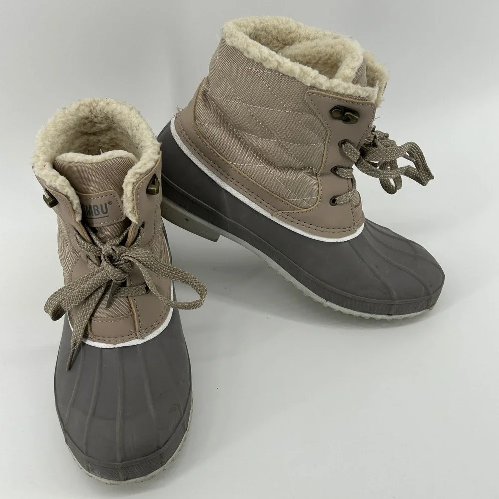 Khombu Tan Grey Quilted Sherpa Lined‎ Duck Boots Winter Waterproof Snow Women 8